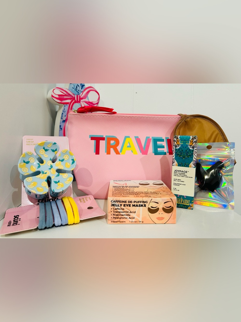 Pink TRAVEL Cosmetic Pouch with Beauty Bundle
